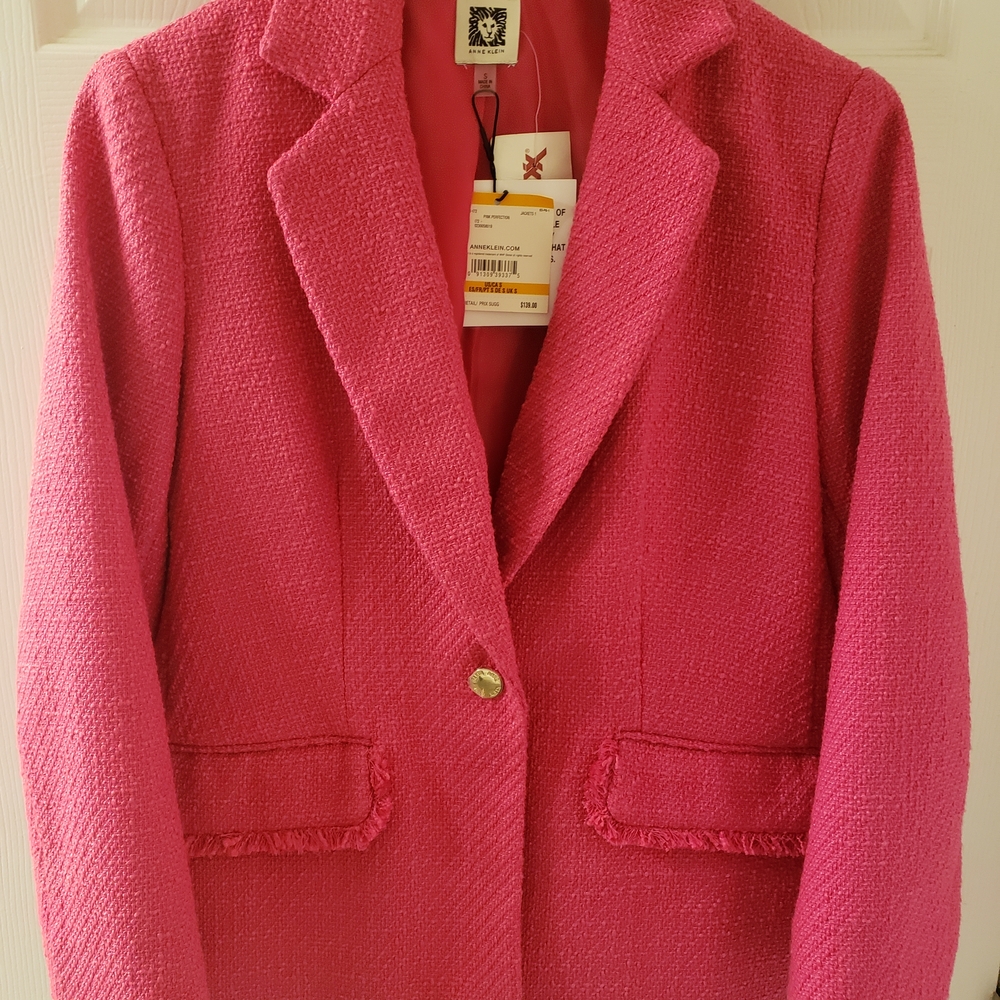 Anne Klein Pink Textured Fringe-Trim Blazer